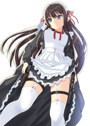 Rule 34 | 1girl, apron, black hair, blue eyes, bow, commentary request, dress, dual wielding, elf, frilled apron, frilled dress, frills, from below, garter straps, gun, handgun, highres, holding, holster, long hair, looking away, maid, maid apron, maid headdress, original, pointy ears, red bow, red ribbon, ribbon, simple background, solo, thighhighs, toujou mina, weapon, white background, white thighhighs