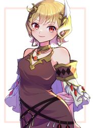 Rule 34 | 1girl, blonde hair, brown dress, choker, citrinne (fire emblem), closed mouth, dress, earrings, fire emblem, fire emblem engage, gem, gogatsu (yeaholiday), gold choker, gold trim, hair ornament, hoop earrings, jewelry, light smile, long dress, looking at viewer, necklace, nintendo, red eyes, shawl, short hair, simple background, solo, white background