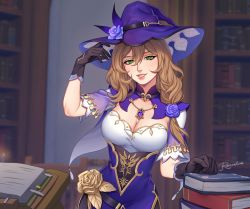 Rule 34 | 1girl, adjusting clothes, adjusting headwear, black gloves, blurry, book, book stack, bookshelf, breasts, brown hair, cleavage, commentary request, depth of field, genshin impact, gloves, green eyes, hair between eyes, hat, highres, jewelry, large breasts, lisa (genshin impact), long hair, looking at viewer, necklace, parted lips, rezoeline, short sleeves, sidelocks, smile, solo, vision (genshin impact), witch hat