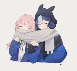 Rule 34 | 2girls, arknights, beanie, black headwear, black ribbon, blue hair, blue jacket, blue nails, blue poison (arknights), blush, closed eyes, closed mouth, commentary, couple, cropped torso, dress shirt, glaucus (arknights), grey background, grey scarf, hair between eyes, hand in pocket, happy, hat, highres, holding hands, interlocked fingers, jacket, light blue hair, long hair, long sleeves, multicolored hair, multiple girls, nail polish, neck ribbon, open clothes, open jacket, pink hair, ribbon, ruri (dailybloopy), scarf, shared clothes, shared scarf, shirt, simple background, sleeves past wrists, upper body, white shirt, yuri