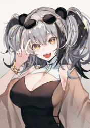 Rule 34 | 1girl, :d, absurdres, alternate costume, animal ears, arknights, bangle, bare shoulders, black dress, black hair, bracelet, breasts, cleavage, commentary request, covered erect nipples, dress, eyewear on head, fanshu, feater (arknights), grey background, hand up, head tilt, highres, jewelry, large breasts, long hair, looking at viewer, multicolored hair, open mouth, panda ears, silver hair, smile, solo, streaked hair, sunglasses, twintails, upper body, yellow eyes