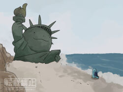 Rule 34 | beach, creatures (company), day, game freak, gen 2 pokemon, nintendo, no humans, ocean, outdoors, parody, pic koiwai, planet of the apes, pokemon, pokemon (creature), quagsire, sand, scene reference, solo, statue, statue of liberty, twitter username, water