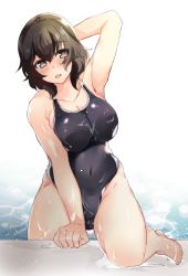 Rule 34 | 10s, 1girl, abenattou, arm support, arm up, armpits, arms behind head, barefoot, black one-piece swimsuit, blush, breasts, brown eyes, brown hair, caesar (girls und panzer), cleavage, climbing, commentary, competition swimsuit, covered navel, girls und panzer, head tilt, highleg, highleg swimsuit, large breasts, leg up, legs, light frown, light particles, lips, looking at viewer, medium hair, one-piece swimsuit, open mouth, pool, solo, standing, swimsuit, wet, wet clothes, wet swimsuit