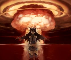 Rule 34 | 10s, 1girl, bad id, bad pixiv id, bikini atoll, black hair, commentary, eiri (eirri), explosion, groin, hairband, helen of bikini (nuclear bomb), history, kantai collection, long hair, looking at viewer, marshall islands, midriff, mushroom cloud, nagato (kancolle), navel, nuclear explosion, nuclear weapon, operation crossroads, real world location, red eyes, solo, test baker, thighhighs, torn clothes, torn thighhighs, weapon of mass destruction