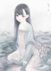 Rule 34 | 1girl, between legs, black hair, blue eyes, chinese clothes, closed mouth, earrings, floral print, hair behind ear, hair ornament, hand between legs, hanfu, highres, in water, jewelry, lily pad, long hair, long sleeves, looking at viewer, medibang paint (medium), original, outdoors, robe, seal impression, signature, sitting, solo, ushiyama ame, very long hair, wariza, water, water lily flower, white robe