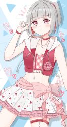 Rule 34 | 1girl, blue background, breasts, collarbone, colored inner hair, commentary request, crop top, diagonal bangs, grey hair, heart, highres, hood, hooded jacket, iroha (nami3), jacket, link! like! love live!, love live!, midriff, miniskirt, multicolored hair, navel, notice lines, one side up, open clothes, open jacket, pleated skirt, rebirth for you, red eyes, red hair, short hair, skirt, sleeveless, sleeveless jacket, small breasts, solo, streaked hair, triangle, virtual youtuber, white skirt, yugiri tsuzuri