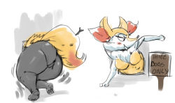 Rule 34 | 1girl, absurdres, animal ears, animal hands, arm up, ass, black eyes, blush, braixen, breasts, creatures (company), english text, feet, female focus, fox ears, fox tail, from behind, furry, furry female, game freak, gen 6 pokemon, half-closed eyes, highres, large breasts, looking back, multiple views, navel, nintendo, open mouth, plump, pokemon, pokemon (creature), pokemon xy, redfred, sign, simple background, source request, stick, stuck, tail, text focus, thick thighs, thighs, through wall, white background