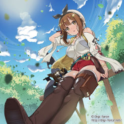 Rule 34 | 1girl, :o, atelier (series), atelier ryza, atelier ryza 1, belt, blue sky, blush, bracelet, breasts, brown belt, brown eyes, brown gloves, brown hair, brown thighhighs, cloud, commentary request, day, from below, gloves, hair ornament, hairclip, hat, highres, jewelry, kimura shigetaka, looking at viewer, outdoors, red shorts, reisalin stout, short hair, short shorts, shorts, sitting, sky, solo, thighhighs, thighs, watermark, web address, white hat, white thighhighs