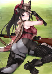 Rule 34 | 1girl, adjusting clothes, adjusting headwear, ass, bad id, bad pixiv id, bare shoulders, black gloves, black hair, black legwear, blush, boots, breasts, covered erect nipples, fingerless gloves, gloves, grass, gun, hair between eyes, hand on headwear, hat, highres, jirusu, kai schren, large breasts, long hair, looking at viewer, looking back, lying, military, military uniform, on stomach, parted lips, ponytail, purple eyes, ribbed sweater, rifle, scrunchie, senjou no valkyria (series), senjou no valkyria 4, skin tight, smile, solo, sweater, turtleneck, turtleneck sweater, uniform, weapon