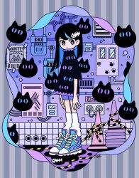 Rule 34 | 1girl, arms at sides, black cat, black hair, black shirt, blue eyes, blue footwear, blue hair, bright pupils, cable, cat, caution tape, closed mouth, commentary request, dot nose, expressionless, fish bone, garouma, grate, grey background, hair ornament, high collar, highres, industrial pipe, long hair, looking at viewer, loose socks, multicolored hair, original, paw print, poster (object), purple eyes, purple footwear, purple shirt, purple shorts, shirt, shoes, short shorts, shorts, sideways glance, signature, sneakers, socks, solo, standing, streaked hair, striped, swept bangs, tile wall, tiles, traffic cone, translation request, two-tone footwear, two-tone hair, vertical stripes, wanted, white pupils, white socks
