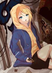 Rule 34 | 1girl, absurdres, alley, candy, crack, cracked wall, digital media player, drawstring, dumpster, earbuds, earphones, food, graffiti, hair ornament, hairclip, half-closed eyes, highres, hood, hood up, hoodie, jacket over hoodie, kagamine rin, light blush, listening to music, lollipop, looking up, ngng (user gyey3722), open mouth, short hair, sitting, solo, sticker, swept bangs, urban, yellow hoodie