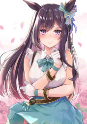 Rule 34 | 1girl, animal ears, bare shoulders, black hair, blue bow, blue skirt, blush, bow, breasts, closed mouth, commentary request, ear bow, floral background, flower, gloves, half gloves, hand up, highres, horse ears, konka, long hair, looking at viewer, medium breasts, mejiro dober (umamusume), petals, pleated skirt, purple eyes, red flower, red rose, rose, shirt, skirt, sleeveless, sleeveless shirt, solo, striped, striped bow, umamusume, very long hair, white gloves, white shirt