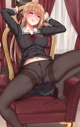 Rule 34 | 1girl, :q, black pantyhose, black sailor collar, black serafuku, black shirt, black skirt, blonde hair, blush, bow, bow panties, braid, breasts, brown eyes, closed mouth, couch, crotch seam, hair ribbon, half-closed eyes, highres, indoors, jack dempa, large breasts, licking lips, long hair, long sleeves, looking at viewer, naughty face, navel, no shoes, on couch, original, panties, panties under pantyhose, pantyhose, pleated skirt, red neckwear, ribbon, sailor collar, school uniform, serafuku, shirt, skirt, smile, solo, spread legs, sweat, thighband pantyhose, tongue, tongue out, underwear, white panties
