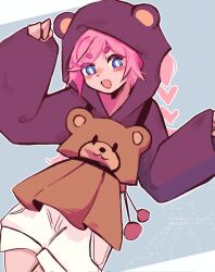 Rule 34 | 1girl, :d, animal hood, ascii art, bear hood, blue eyes, blush, braid, commentary, english commentary, facial mark, fang, heart, highres, hood, hood up, hoodie, long sleeves, open mouth, overalls, pink hair, pom pom (clothes), purple hoodie, rana (vocaloid), short eyebrows, shorts, sleeves past wrists, smile, solo, the fukarana, thick eyebrows, tongue, twin braids, vocaloid, white shorts