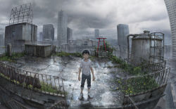 Rule 34 | 1boy, arms at sides, bare arms, beitemian, black hair, brown eyes, building, cloud, cloudy sky, grass, highres, industrial pipe, ladder, looking at viewer, male focus, morishima hodaka, outdoors, pants, pants rolled up, plant, puddle, railing, rain, ripples, rooftop, rubble, shibuya (tokyo), shinjuku (tokyo), shinto, shirt, shoes, short sleeves, shrine, sky, skyscraper, sneakers, solo, stairs, standing, surprised, t-shirt, tenki no ko, tile floor, tiles, tokyo (city), torii, water tank, wet, wet clothes, wet hair, wet shirt, white footwear, white shirt, yoyogi
