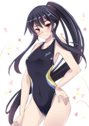 Rule 34 | 10s, 1girl, black hair, blush, competition swimsuit, hand on own hip, kantai collection, long hair, mutou kurihito, one-piece swimsuit, personification, ponytail, red eyes, smile, solo, swimsuit, white background, yahagi (kancolle)