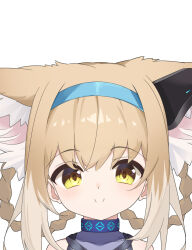 Rule 34 | 1girl, animal ear fluff, animal ears, arknights, bare shoulders, braid, closed mouth, covered collarbone, fox ears, hair between eyes, hair rings, highres, light brown hair, looking at viewer, multicolored hair, portrait, simple background, smile, solo, suzuran (arknights), twin braids, two-tone hair, u-st (uweiter), white background, yellow eyes