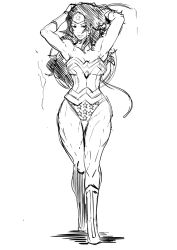 Rule 34 | 1girl, amazon warrior, animification, armor, armpits, arms up, bare shoulders, boots, bracer, breastplate, breasts, breasts apart, butcha-u, dc comics, forehead protector, full body, greyscale, knee boots, legs, medium breasts, monochrome, muscular, muscular female, sketch, solo, star (symbol), thick thighs, thigh gap, thighs, toned, walking, white background, wonder woman, wonder woman (series)