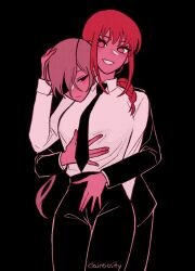 Rule 34 | 2girls, artist name, black background, black jacket, black necktie, black pants, braid, braided ponytail, chainsaw man, claireiosity, collared shirt, eyepatch, formal, grey hair, hair over shoulder, halftone, head on another&#039;s shoulder, highres, hug, hug from behind, jacket, long hair, looking at viewer, makima (chainsaw man), medium hair, multiple girls, necktie, pants, ponytail, quanxi (chainsaw man), red hair, ringed eyes, shirt, shirt tucked in, simple background, smile, suit, suit jacket, white shirt, yellow eyes, yuri