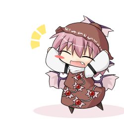Rule 34 | 1girl, animal ears, arms up, bad id, bad pixiv id, blush stickers, brown dress, chibi, closed eyes, dress, fang, female focus, full body, hat, mystia lorelei, open mouth, pink hair, shinshia, simple background, solo, touhou, white background, wings