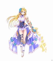 Rule 34 | 1girl, ahoge, bare shoulders, blonde hair, blue eyes, blue flower, blue rose, breasts, caladbolg (phantom of the kill), choker, corset, cross-laced footwear, detached sleeves, electricity, female focus, flower, frills, gauntlets, hair flower, hair ornament, hair ribbon, holding, holding weapon, large breasts, miniskirt, official art, parted bangs, phantom of the kill, ribbon, rose, simple background, skirt, smile, solo, standing, sword, weapon, white background