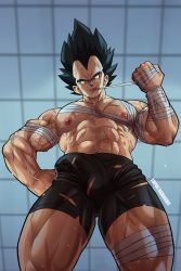 Rule 34 | 1boy, abs, absurdres, artist name, bandaged arm, bandaged hand, bandaged leg, bandages, bara, black hair, black shorts, bulge, commission, dragon ball, dragonball z, erection, erection under clothes, highres, large pectorals, looking at viewer, lupin barnabi, male focus, muscular, muscular male, navel, nipples, pectorals, short hair, shorts, solo, spiked hair, thick thighs, thighs, vegeta