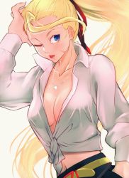 Rule 34 | 1girl, belt, blonde hair, blue eyes, breasts, cammy white, cleavage, earrings, hand on own head, jewelry, large breasts, long hair, long sleeves, necklace, one eye closed, ponytail, shirt, street fighter, tied shirt, yuenibushi