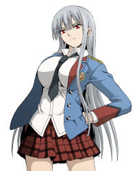 Rule 34 | 00s, 1girl, breasts, cowboy shot, hand on own hip, hip focus, jacket, large breasts, long hair, necktie, plaid, plaid skirt, red eyes, school uniform, selvaria bles, senjou no valkyria, senjou no valkyria (series), senjou no valkyria 1, senjou no valkyria 2, silver hair, simple background, skirt, solo, taguchi kenji (omaep), white background