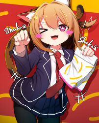 Rule 34 | 1girl, :3, :d, animal ear fluff, animal ears, bag, black pantyhose, black skirt, blazer, blue jacket, blush, blush stickers, breasts, cat ears, cat tail, collared shirt, commentary, curled fingers, dai yasude, dancing, dress shirt, fang, food, french fries, hair intakes, highres, hikimayu, holding, holding bag, jacket, light brown hair, mcdonald&#039;s, medium hair, motion lines, necktie, one eye closed, open mouth, orange background, original, pantyhose, paper bag, paw pose, paw print, pink eyes, pleated skirt, red background, red necktie, school uniform, shakacat, shaking, shirt, short eyebrows, skirt, small breasts, smile, sparkling eyes, spotted fur, tail, thick eyebrows, translated, w arms, white shirt