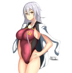 Rule 34 | 1girl, breasts, competition swimsuit, cowboy shot, dated, gangut (kancolle), grey hair, hammer and sickle, hands on own hips, highleg, highleg swimsuit, highres, jacket, jacket on shoulders, kantai collection, large breasts, long hair, looking at viewer, montemasa, one-piece swimsuit, orange eyes, red one-piece swimsuit, scar, scar on face, simple background, smile, solo, swimsuit, twitter username, white background, white jacket