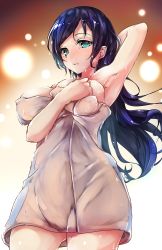 Rule 34 | 10s, 1girl, absurdres, aqua eyes, arm up, armpits, blue hair, breasts, closed mouth, cowboy shot, from below, hair down, hand on breast, highres, large breasts, lens flare, long hair, looking at viewer, love live!, love live! school idol project, naked towel, sakesakana (korezyanai), solo, tojo nozomi, towel, wet, wet hair