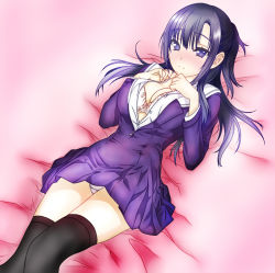 Rule 34 | 1girl, black thighhighs, blush, bra, breast suppress, breasts, cleavage, half updo, inushi, koisome momiji, large breasts, light smile, long hair, lying, on back, on bed, panties, pink ribbon, purple eyes, purple hair, ribbon, shinomiya sana, solo, thighhighs, unbuttoned, underwear