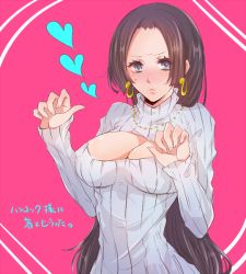 Rule 34 | 1girl, bad id, bad pixiv id, black hair, blue eyes, blush, boa hancock, breasts, cleavage, earrings, heart, jewelry, large breasts, long hair, meme attire, nashimo (drz n), one piece, open-chest sweater, pink background, ribbed sweater, snake earrings, solo, sweater, translation request, turtleneck