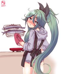 Rule 34 | 1girl, alternate costume, alternate hairstyle, apron, blue hair, blush, casual, commentary request, dated, fish, from behind, green hair, hair ornament, hair ribbon, hairclip, highres, hood, hoodie, kanon (kurogane knights), kantai collection, long hair, looking at viewer, looking back, mittens, panties, parted lips, pink panties, ponytail, ribbon, saury, sketch, solo, underwear, yamakaze (kancolle)