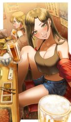 Rule 34 | 2girls, absurdres, alcohol, bare legs, bare shoulders, beer, beer mug, bench, black tank top, blonde hair, blue shorts, blurry, blurry background, blush, border, bowl, breasts, brown hair, chopsticks, cleavage, collarbone, commentary request, crop top, crop top overhang, cup, cushion, cutoffs, denim, denim shorts, earrings, feet out of frame, food, fujimoto rina, green eyes, grill, grin, hand up, heart, heart earrings, highres, holding, holding cup, idolmaster, idolmaster cinderella girls, indoors, jacket, jewelry, knee up, large breasts, light particles, long hair, looking at viewer, looking away, meat, midriff, mug, mukai takumi, multiple girls, navel, off shoulder, open clothes, open jacket, outside border, parted bangs, pov, profile, red jacket, restaurant, rice, rice bowl, ro torobo, shorts, sitting, smile, table, tank top, white border, yakiniku