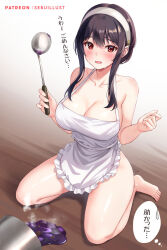 Rule 34 | 1girl, apron, bare arms, bare legs, bare shoulders, barefoot, black hair, breasts, cleavage, collarbone, commentary request, hairband, holding, holding ladle, ladle, large breasts, long hair, naked apron, red eyes, sebu illust, seiza, sidelocks, sitting, solo, spy x family, thighs, white apron, white hairband, yor briar