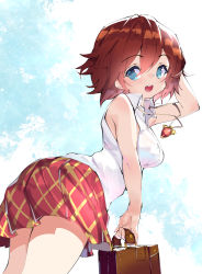 Rule 34 | 1girl, :d, ass, bag, blue eyes, breasts, brown hair, commentary request, fujishima-sei ichi-gou, hair between eyes, hand on own head, highres, jewelry, kirishima mana, looking at viewer, medium breasts, neon genesis evangelion, neon genesis evangelion: iron maiden, open mouth, pendant, school bag, shirt, short hair, sleeveless, sleeveless shirt, smile, solo, two-tone background