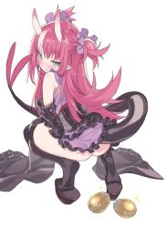 Rule 34 | 1girl, ass, black footwear, black sleeves, black thighhighs, blade (galaxist), blush, closed mouth, commentary, detached sleeves, dragon tail, egg, elizabeth bathory (fate), elizabeth bathory (japan) (fate), fate/extra, fate/extra ccc, fate (series), frilled kimono, frills, from behind, full body, golden egg, green eyes, hair ribbon, horns, japanese clothes, kimono, long hair, long sleeves, looking at viewer, looking back, multicolored hair, nose blush, obi, official alternate costume, pink hair, platform footwear, purple kimono, purple ribbon, ribbon, sash, simple background, sleeves past fingers, sleeves past wrists, soles, solo, sparkle, squatting, streaked hair, symbol-only commentary, tail, thighhighs, two side up, very long hair, wavy mouth, white background, white hair