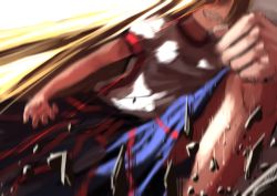 Rule 34 | 1girl, action, berabou, blonde hair, blurry, clenched hand, grin, ground shatter, horns, hoshiguma yuugi, image sample, long hair, motion blur, red eyes, shirt, single horn, skirt, smile, solo, touhou