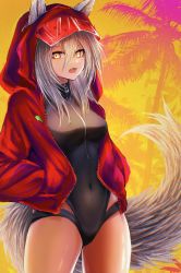 Rule 34 | 1girl, 3 (sanyako1), absurdres, animal ears, arknights, bad id, bad pixiv id, black one-piece swimsuit, breasts, commentary, covered navel, cowboy shot, fangs, grey hair, hands in pockets, highres, hood, hood up, hooded jacket, jacket, long sleeves, medium breasts, official alternate costume, one-piece swimsuit, open clothes, open jacket, open mouth, orange eyes, palm tree, projekt red (arknights), projekt red (light breeze) (arknights), short hair, sky, solo, standing, swimsuit, tail, thighs, tree, wolf ears, wolf tail, yellow background