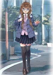 Rule 34 | 1girl, :d, ahoge, bag, black skirt, black thighhighs, blue eyes, blue jacket, blurry, blurry background, blush, braid, brown footwear, brown hair, cardigan, collared shirt, commentary request, day, depth of field, glasses, green-framed eyewear, hair over shoulder, highres, hood, hood down, hooded jacket, jacket, loafers, long hair, long sleeves, looking at viewer, low twintails, neck ribbon, open clothes, open jacket, open mouth, original, outdoors, pink cardigan, pleated skirt, red ribbon, ribbon, school bag, school uniform, sekira ame, semi-rimless eyewear, shirt, shoes, skirt, sleeves past wrists, smile, solo, thighhighs, traffic mirror, twin braids, twintails, under-rim eyewear, very long hair, white shirt