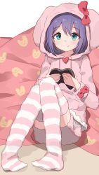 Rule 34 | animal hood, animal print, blue eyes, bow, commentary, controller, drawstring, english commentary, full body, game controller, hair between eyes, highres, hood, hood up, hoodie, idolmaster, idolmaster million live!, looking at viewer, mochizuki anna, purple hair, rabbit hood, rabbit print, shone, shorts, sitting, smile, solo, striped clothes, striped legwear, striped thighhighs, thighhighs