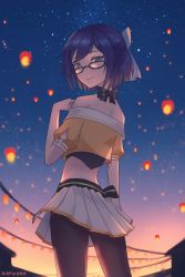Rule 34 | 1girl, a-chan (hololive), ark ford, black-framed eyewear, blue eyes, blue hair, bow, bow choker, brown pantyhose, cosplay, crop top, festival, hair bow, hand up, highres, hololive, house, lantern, light smile, looking at viewer, looking back, natsuiro matsuri, natsuiro matsuri (1st costume), natsuiro matsuri (cosplay), night, night sky, off-shoulder shirt, off shoulder, pantyhose, paper lantern, pleated skirt, shirt, short hair, skirt, sky, solo, star (sky), starry sky, sunset, virtual youtuber, white bow, white skirt, yellow shirt