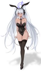 Rule 34 | 1girl, absurdres, animal ears, between breasts, black leotard, black necktie, black thighhighs, blue archive, blush, breasts, cleavage, collarbone, dark-skinned female, dark skin, demon tail, detached collar, fake animal ears, full body, grey hair, hair over one eye, halo, highres, iori (blue archive), large breasts, leotard, long hair, looking at viewer, necktie, necktie between breasts, playboy bunny, pointy ears, red eyes, shadow, simple background, solo, tail, thighhighs, twintails, vanko (vank0a), white background