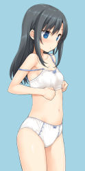 Rule 34 | 10s, 1girl, :o, asashio (kancolle), bare shoulders, black hair, blue background, blue eyes, blush, bow, bow bra, bow panties, bra, breasts, collarbone, cowboy shot, from side, kantai collection, long hair, navel, off shoulder, panties, sidelocks, simple background, small breasts, solo, standing, strap slip, takayaki, training bra, underwear, underwear only, white bra, white panties