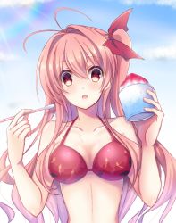 Rule 34 | 1girl, absurdres, antenna hair, bikini, bow, breasts, chaos;head, cleavage, collarbone, cup, drinking straw, floating hair, food, hair between eyes, hair bow, highres, holding, holding cup, holding drinking straw, long hair, looking at viewer, medium breasts, nishijou myu, pink hair, red bikini, red bow, red eyes, sakihata rimi, shaved ice, solo, sunlight, swimsuit, upper body, very long hair
