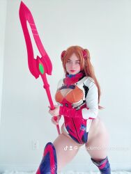 Rule 34 | 1girl, adapted costume, ass, blue eyes, brown hair, cleavage cutout, clothing cutout, cosplay, female focus, highleg, highleg leotard, highres, holding, holding weapon, indoors, lance, lance of cassius, leotard, long hair, looking at viewer, musclemommycosplay, neon genesis evangelion, official alternate costume, open mouth, photo (medium), plugsuit, polearm, real life, red leotard, skindentation, smile, solo, souryuu asuka langley, souryuu asuka langley (cosplay), thong leotard, tiktok username, tsundere, twitter username, weapon, wide hips