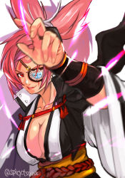 Rule 34 | 1girl, arm guards, arm up, baiken, breasts, cleavage, closed mouth, collarbone, eyepatch, facial mark, guilty gear, guilty gear strive, japanese clothes, kimono, large breasts, looking at viewer, open clothes, open kimono, pink hair, ponytail, red eyes, sash, scar, scar across eye, scar on face, simple background, smile, solo, tsuna (akmu8832), twitter username, upper body, white background, wide sleeves, yellow sash