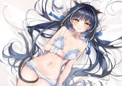 Rule 34 | 1girl, absurdres, animal ears, black hair, blue hair, blue ribbon, bra, breasts, cat ears, cat girl, cat tail, choker, eme (emeralda), frilled bra, frilled panties, frills, highres, long hair, lying, multicolored hair, navel, original, panties, ribbon, small breasts, solo, streaked hair, striped clothes, striped panties, tail, tail around own leg, twintails, underwear, white choker, white hair, wrist cuffs, yellow eyes