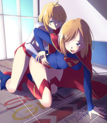 Rule 34 | 10s, 2015, 2girls, absurdres, ahoge, all fours, blonde hair, blue eyes, boots, cape, character name, chibiibiru, dated, dc comics, highres, indoors, knee boots, leotard, multiple girls, one eye closed, open mouth, power girl, short hair, smile, supergirl, tickling, tickling sides